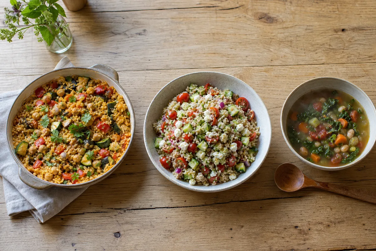 Trois formats de repas : poêlée, salade et soupe sur une table en bois
