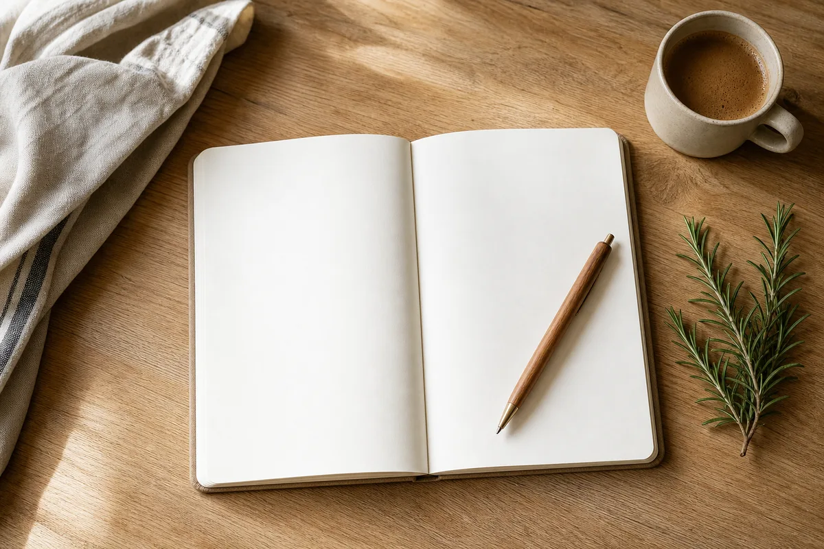 Carnet de menu de la semaine vierge posé sur le plan de travail