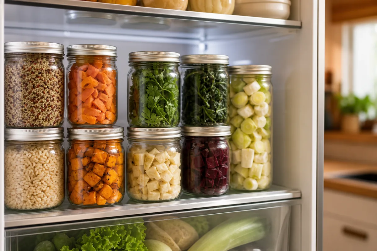 Bocaux de bases repas préparées à l’avance rangés au réfrigérateur