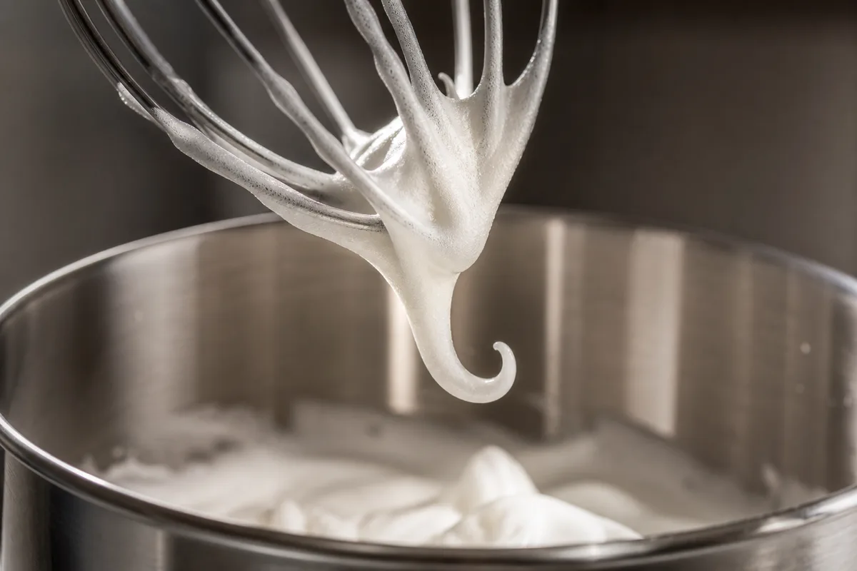 Mousse de blancs d’œufs formant un bec d’oiseau au bout d’un fouet