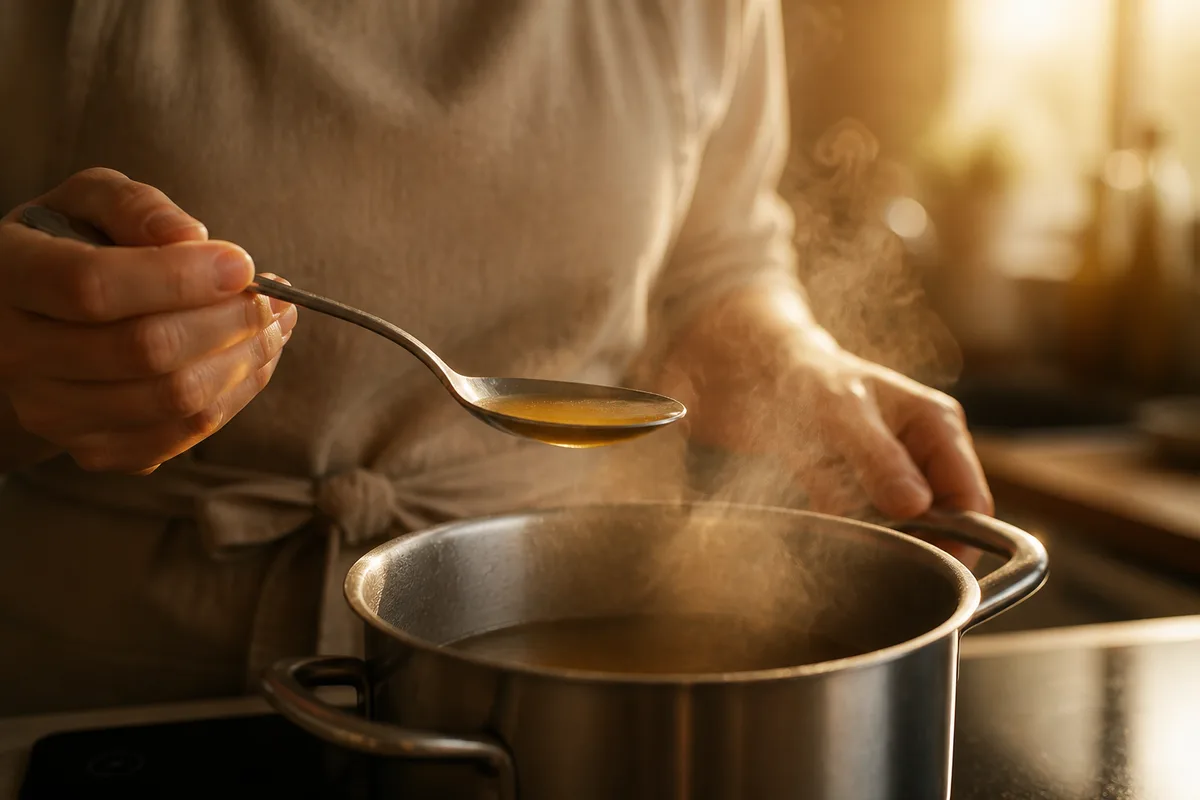 Cuisinier goûtant une préparation à la cuillère au-dessus d&rsquo;une casserole fumante