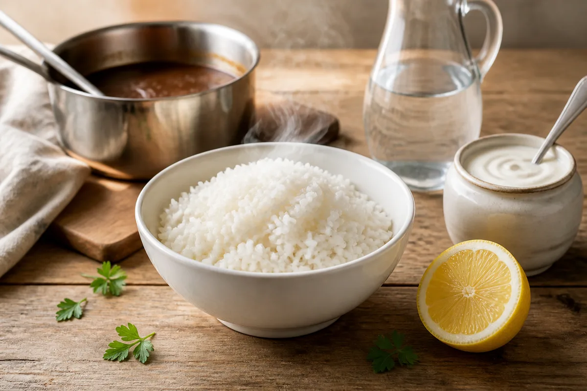 Bol de riz nature, citron coupé et crème fraîche posés près d&rsquo;une casserole de sauce