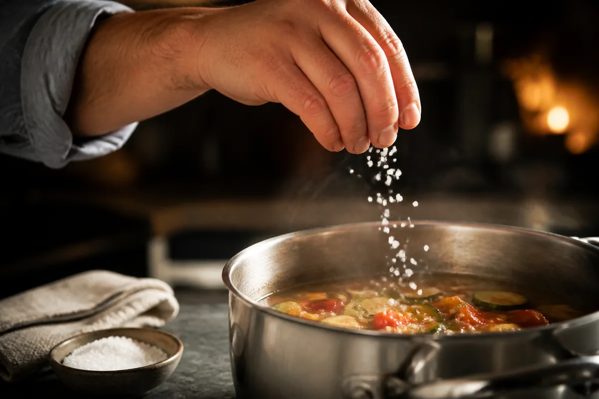 Main saisissant une pincée de sel au-dessus d&rsquo;une casserole en fin de cuisson